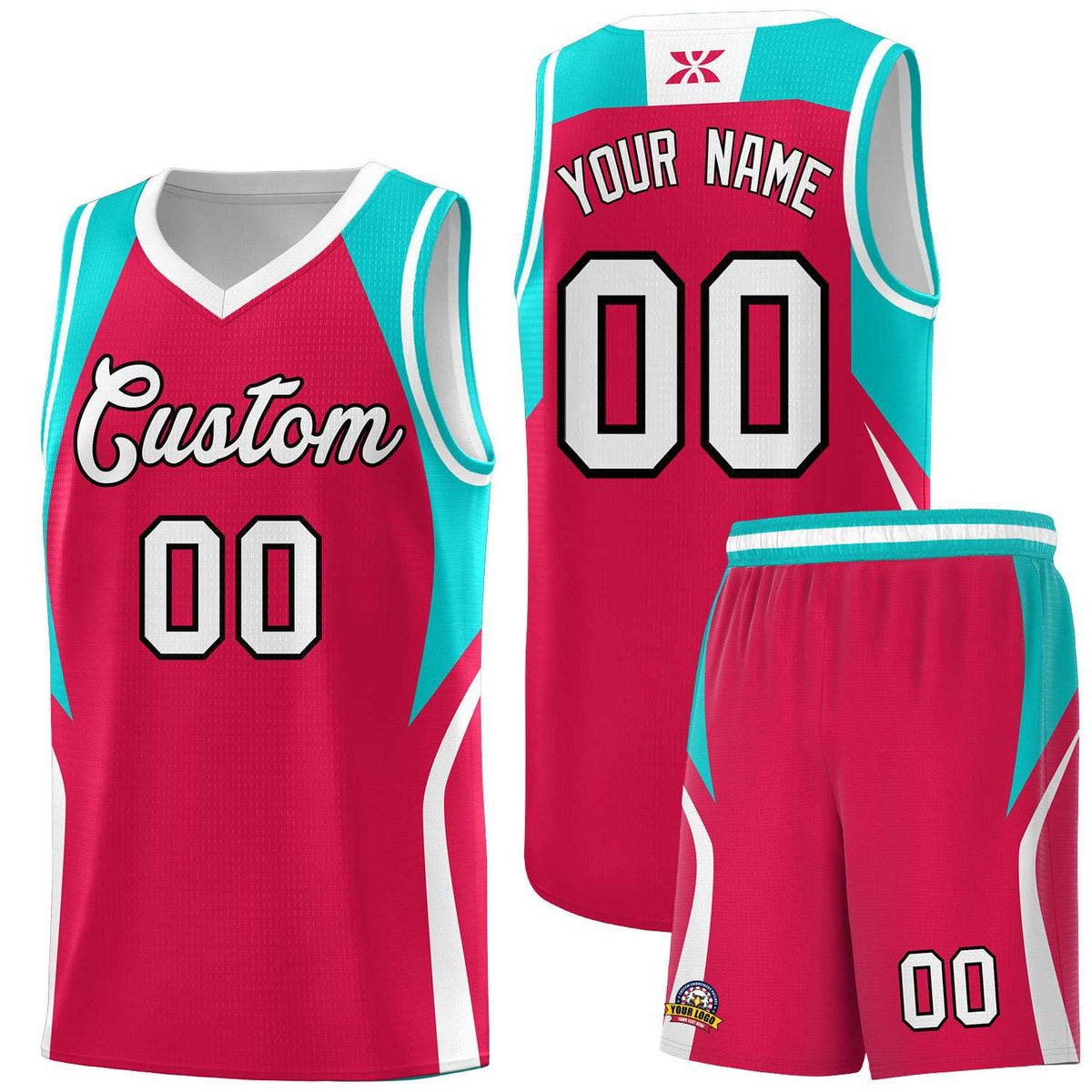 Custom Red Aqua and White Color Block Sports Uniform Basketball Jersey