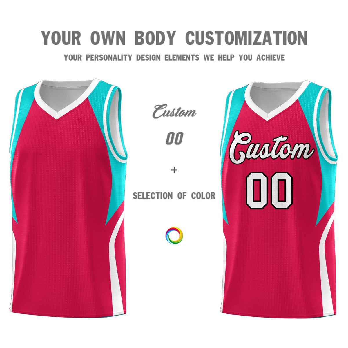 Custom Red Aqua and White Color Block Sports Uniform Basketball Jersey