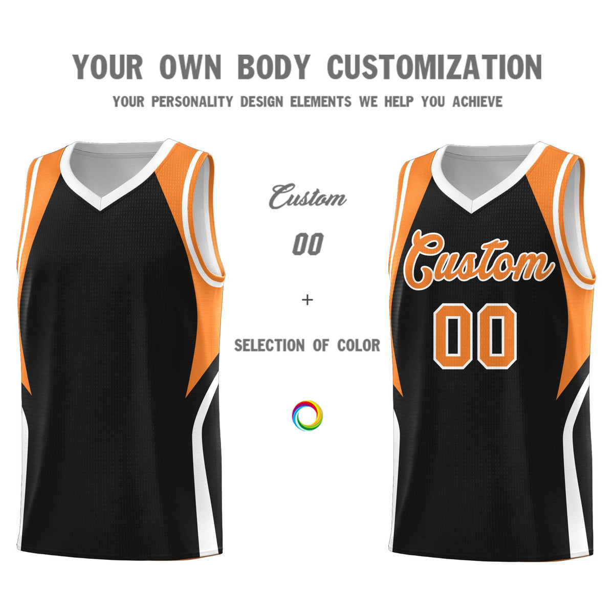 Custom Black Gold Orange and White Color Block Sports Uniform Basketball Jersey