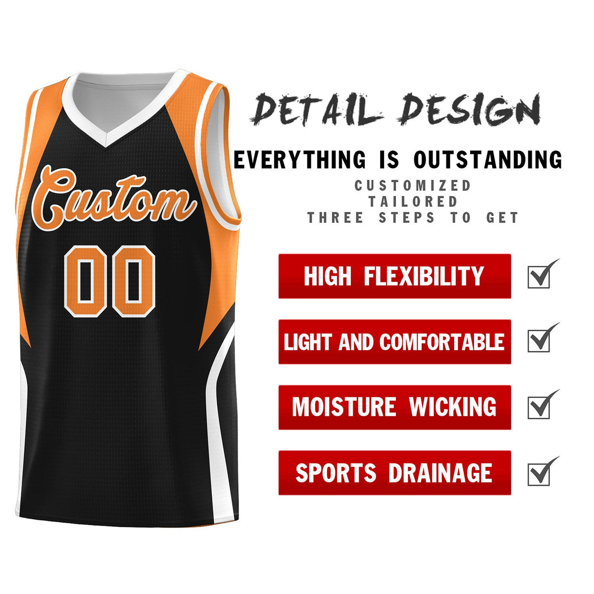 Custom Black Gold Orange and White Color Block Sports Uniform Basketball Jersey