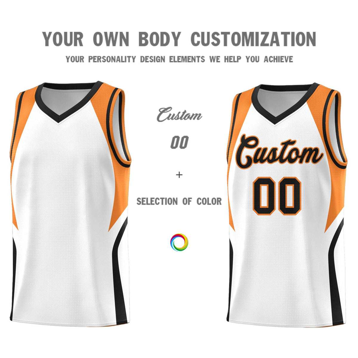 Custom White Gold Orange and Black Color Block Sports Uniform Basketball Jersey
