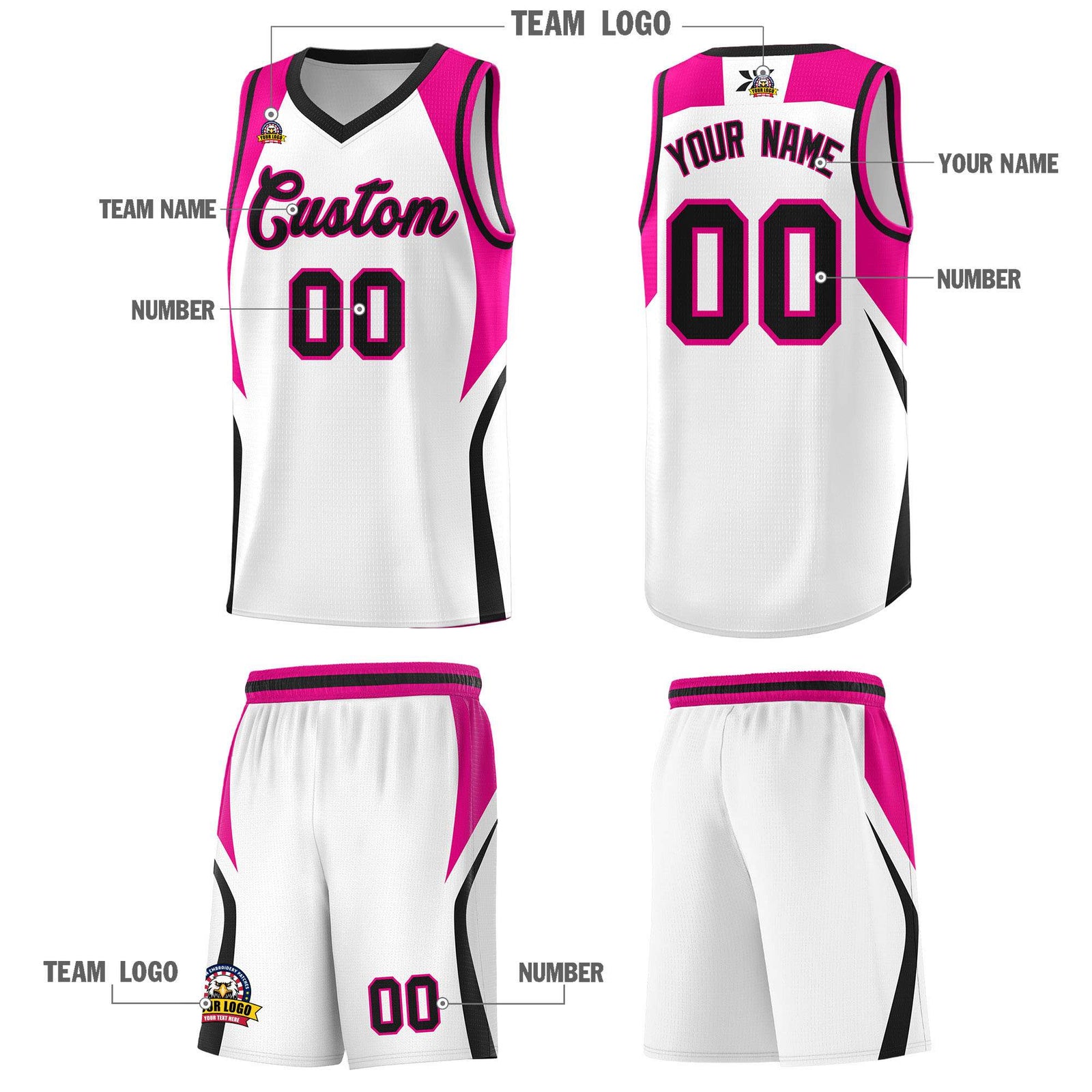 Custom White Pink and Black Color Block Sports Uniform Basketball Jersey