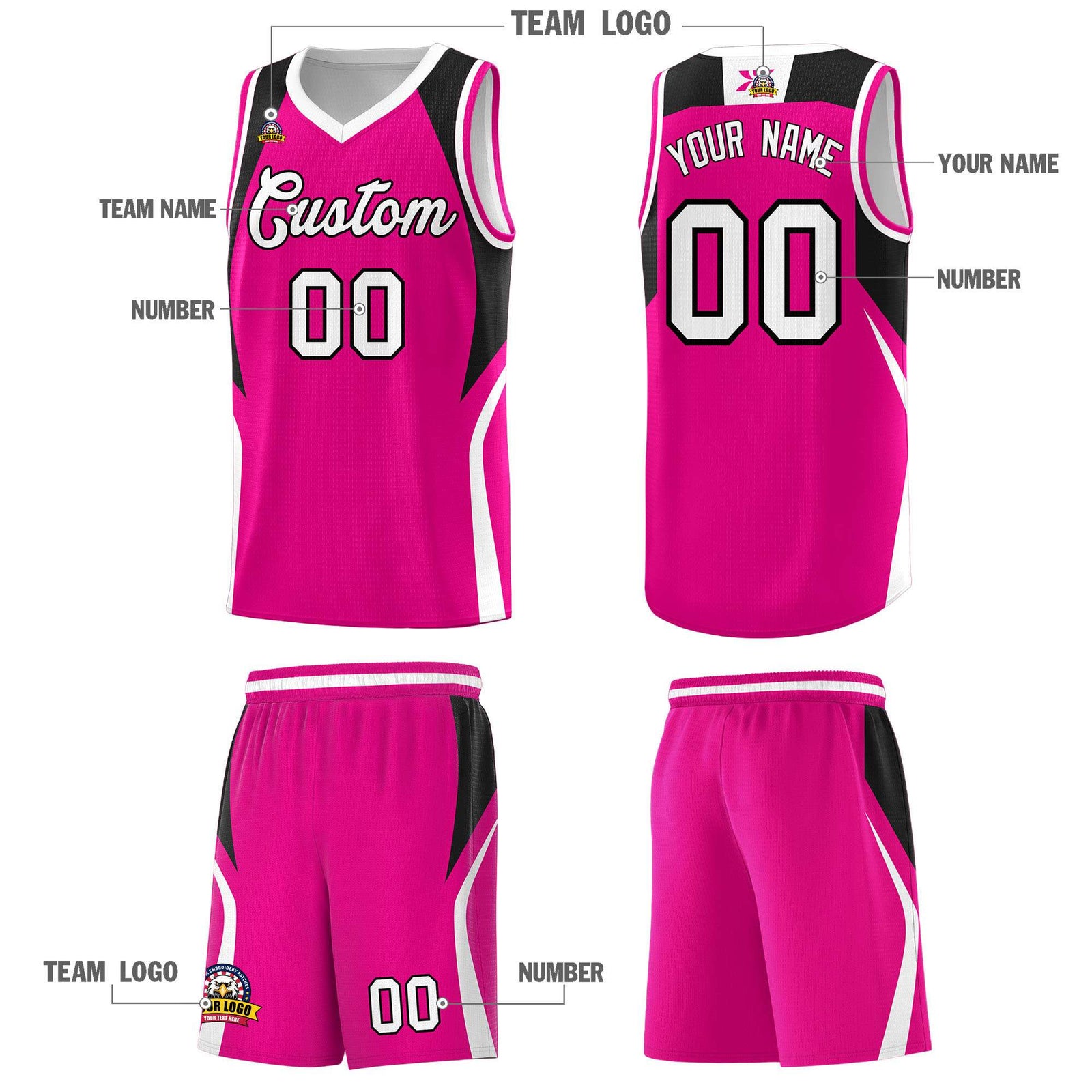 Custom Pink Black and White Color Block Sports Uniform Basketball Jersey