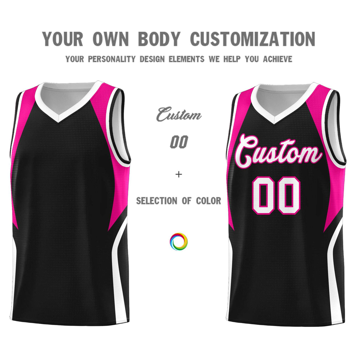 Custom Black Pink and White Color Block Sports Uniform Basketball Jersey