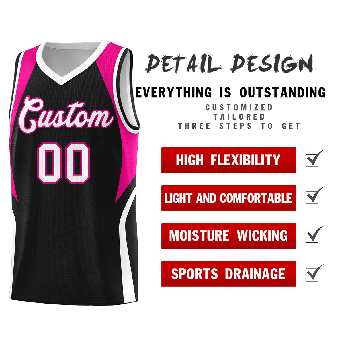 Custom Black Pink and White Color Block Sports Uniform Basketball Jersey