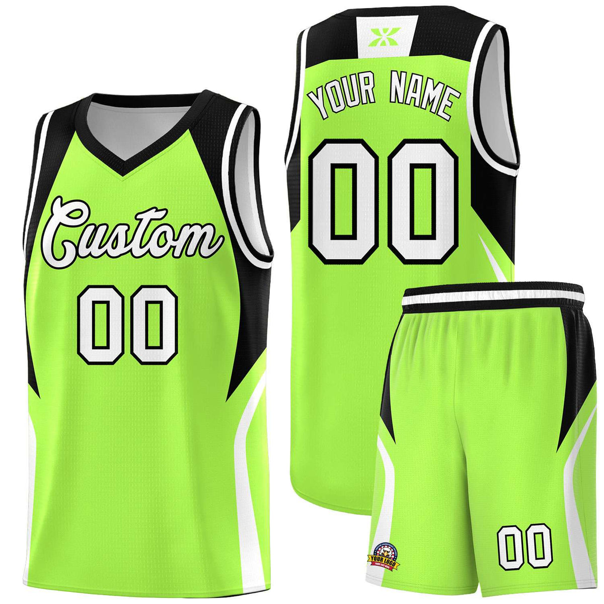 Custom Fluorescent Green Black and White Color Block Sports Uniform Basketball Jersey