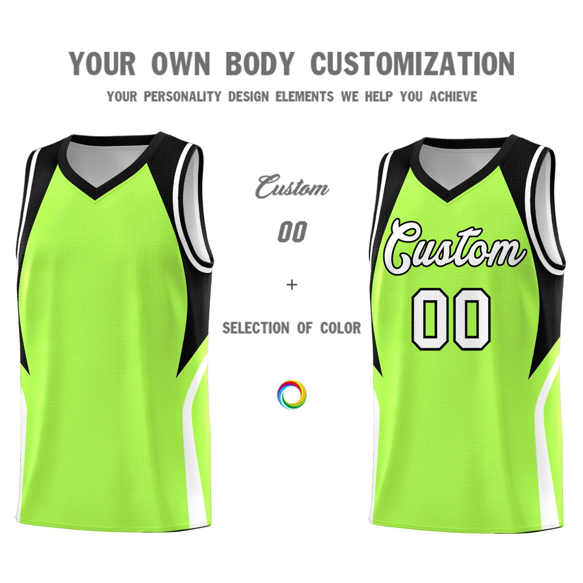 Custom Fluorescent Green Black and White Color Block Sports Uniform Basketball Jersey
