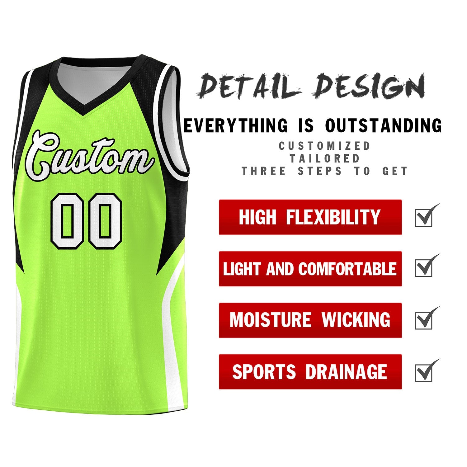 Custom Fluorescent Green Black and White Color Block Sports Uniform Basketball Jersey