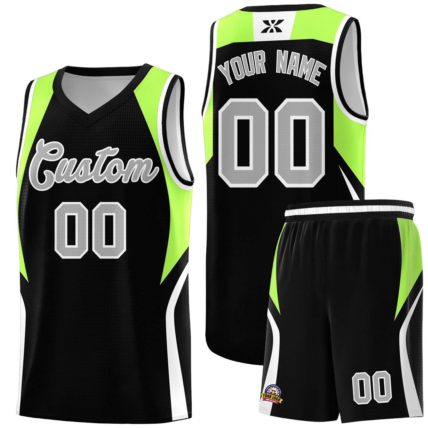 Custom Black Fluorescent Green and White Color Block Sports Uniform Basketball Jersey