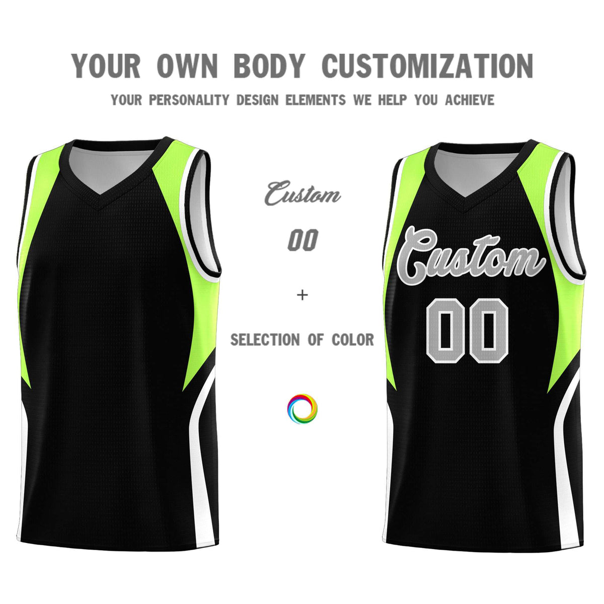 Custom Black Fluorescent Green and White Color Block Sports Uniform Basketball Jersey