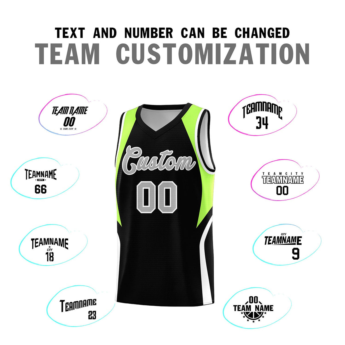 Custom Black Fluorescent Green and White Color Block Sports Uniform Basketball Jersey