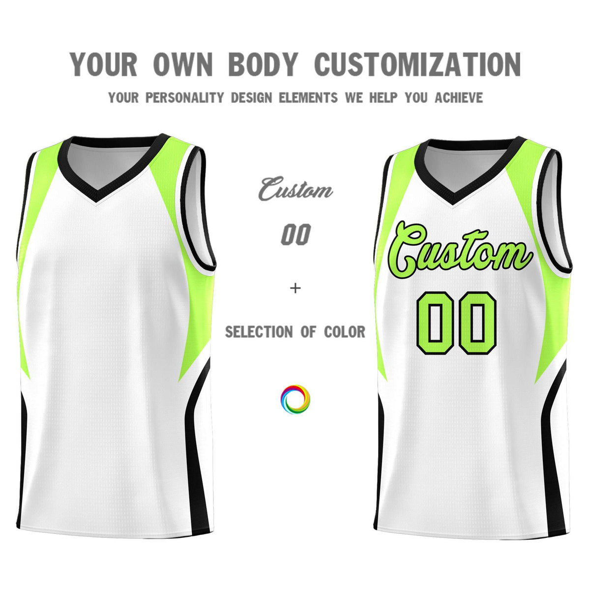 Custom White Fluorescent Green and Black Color Block Sports Uniform Basketball Jersey