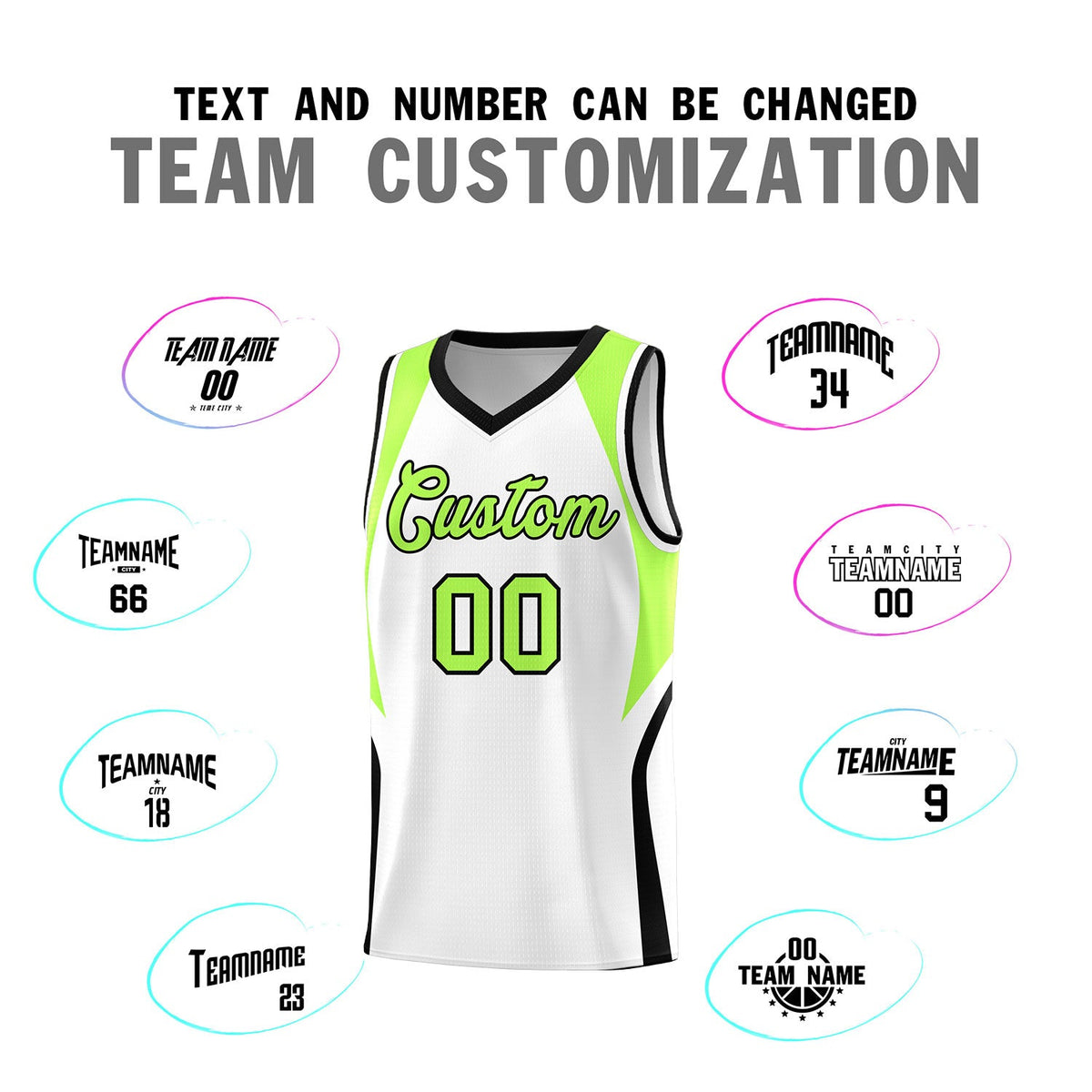 Custom White Fluorescent Green and Black Color Block Sports Uniform Basketball Jersey