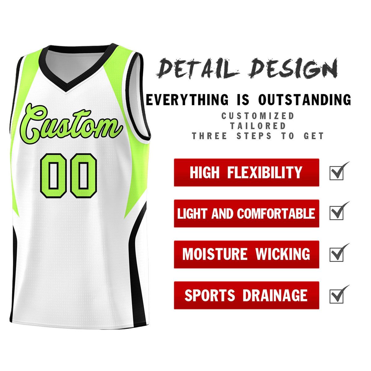 Custom White Fluorescent Green and Black Color Block Sports Uniform Basketball Jersey