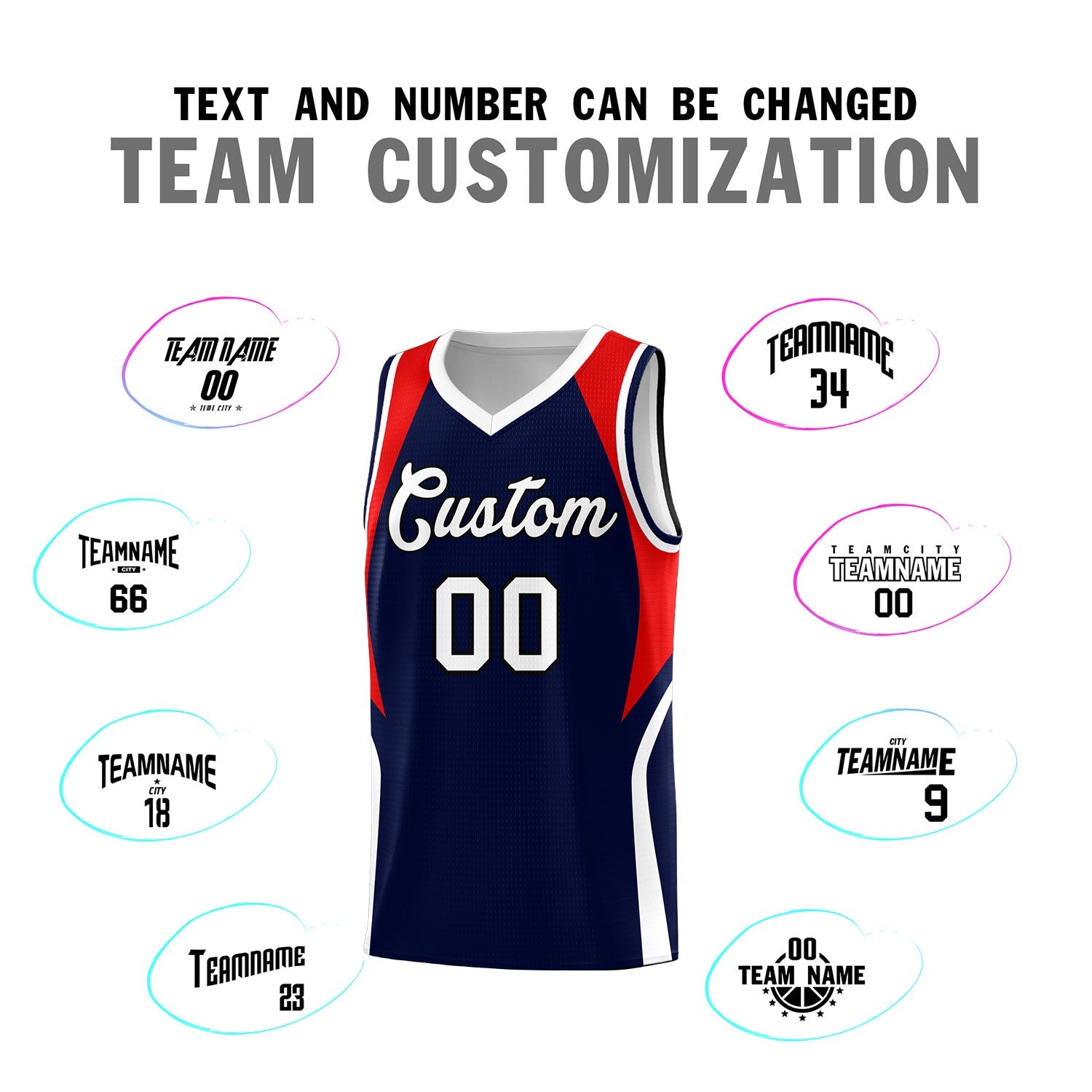 Custom Navy Red and White Color Block Sports Uniform Basketball Jersey