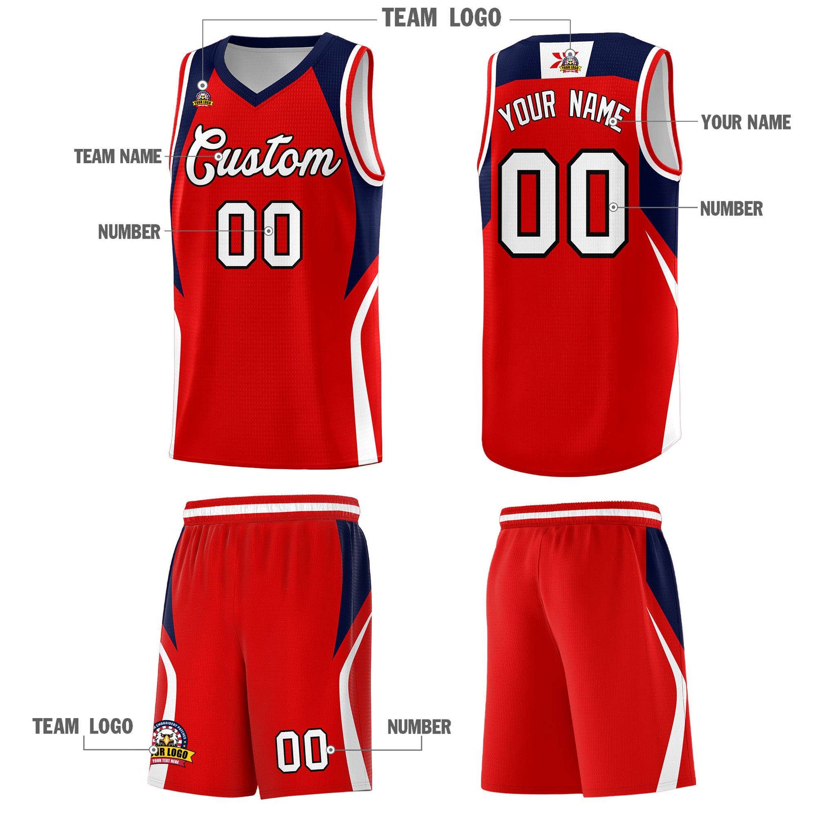 Custom Red Navy and White Color Block Sports Uniform Basketball Jersey