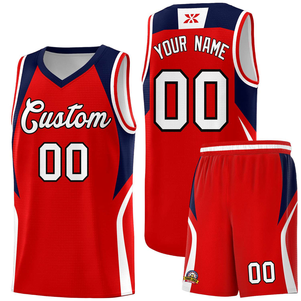 Custom Red Navy and White Color Block Sports Uniform Basketball Jersey