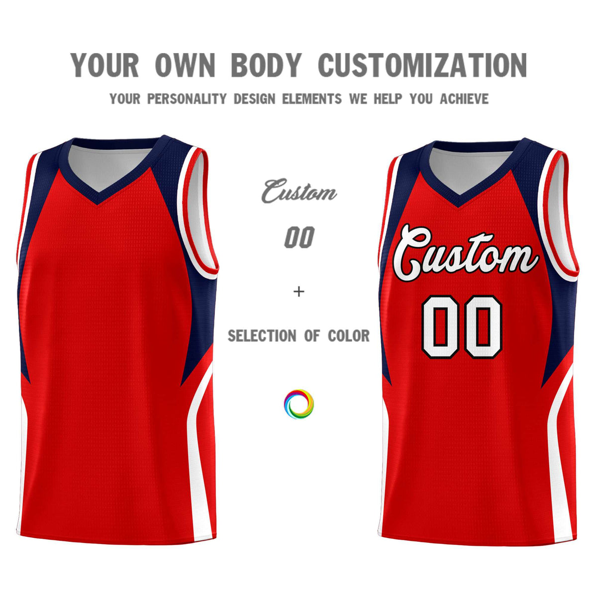 Custom Red Navy and White Color Block Sports Uniform Basketball Jersey