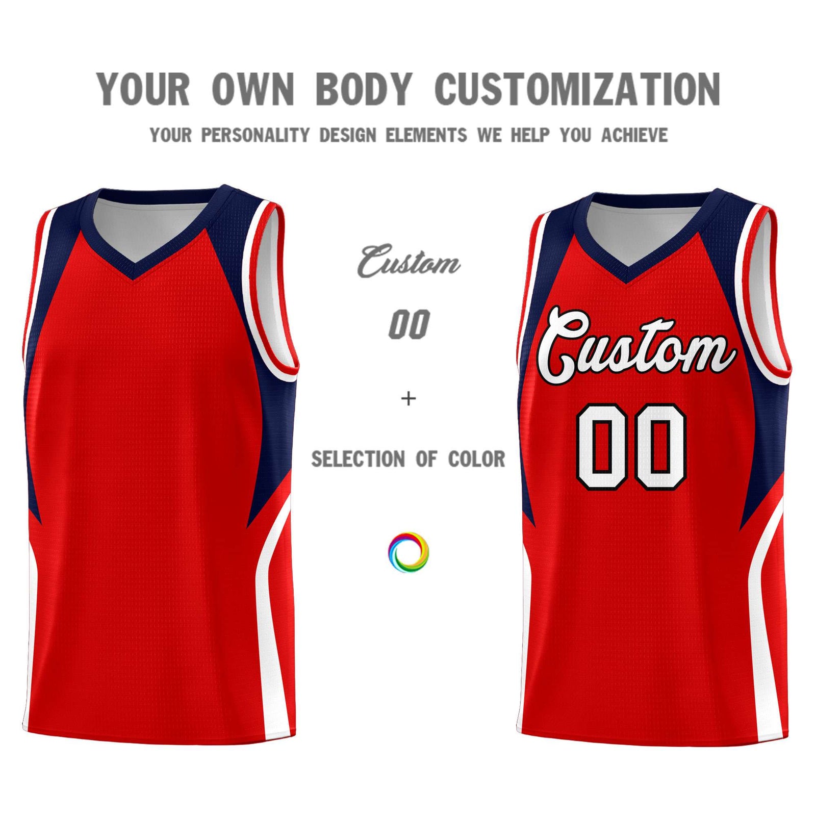 Custom Red Navy and White Color Block Sports Uniform Basketball Jersey