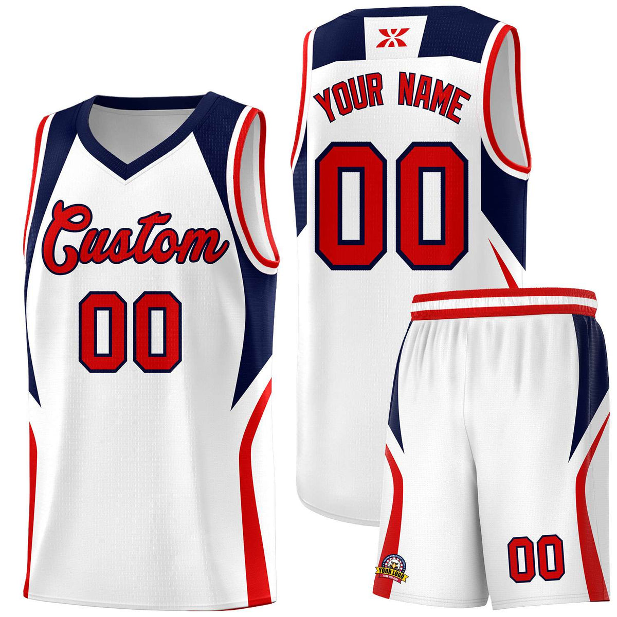 Custom White Navy and Red Color Block Sports Uniform Basketball Jersey