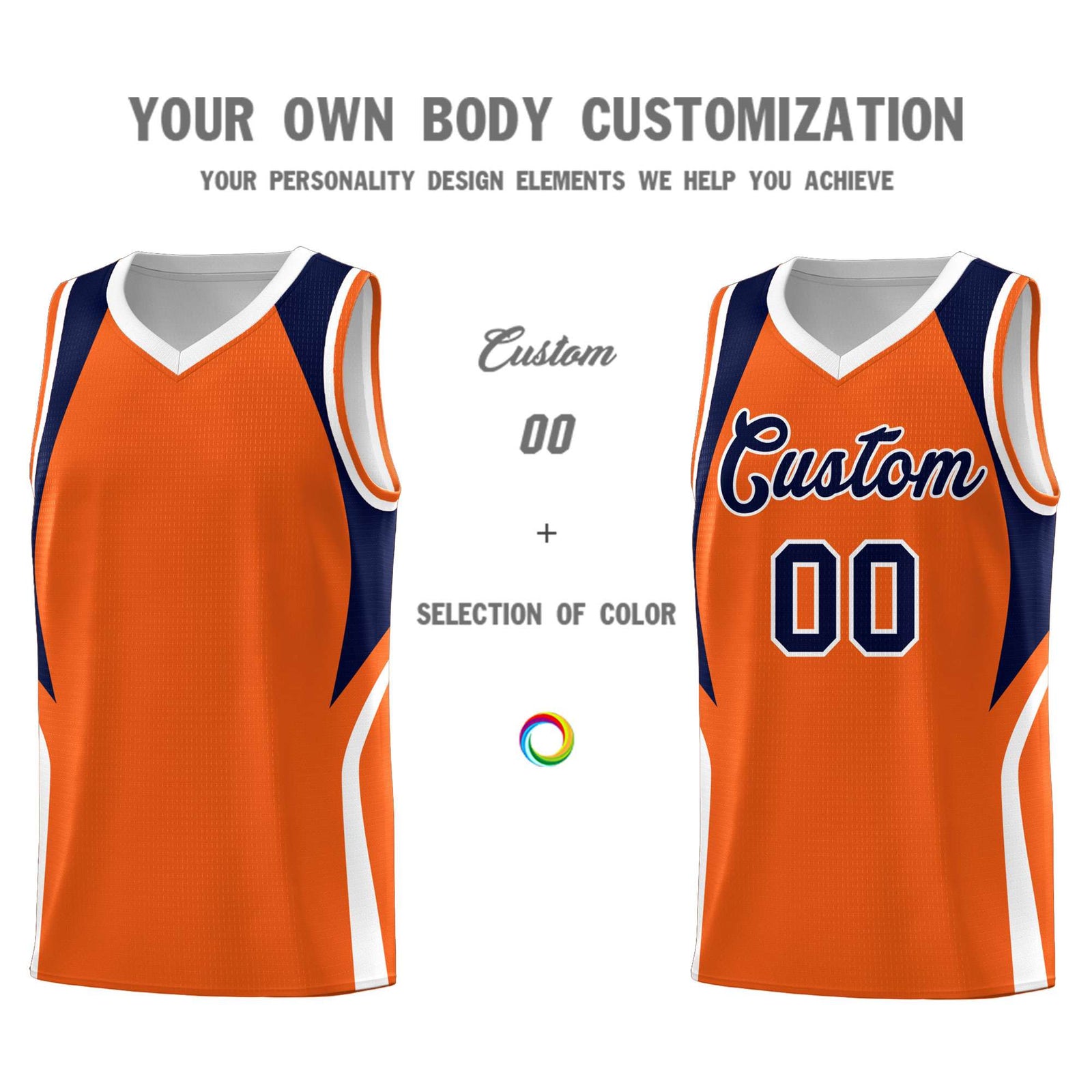 Custom Orange Navy and White Color Block Sports Uniform Basketball Jersey