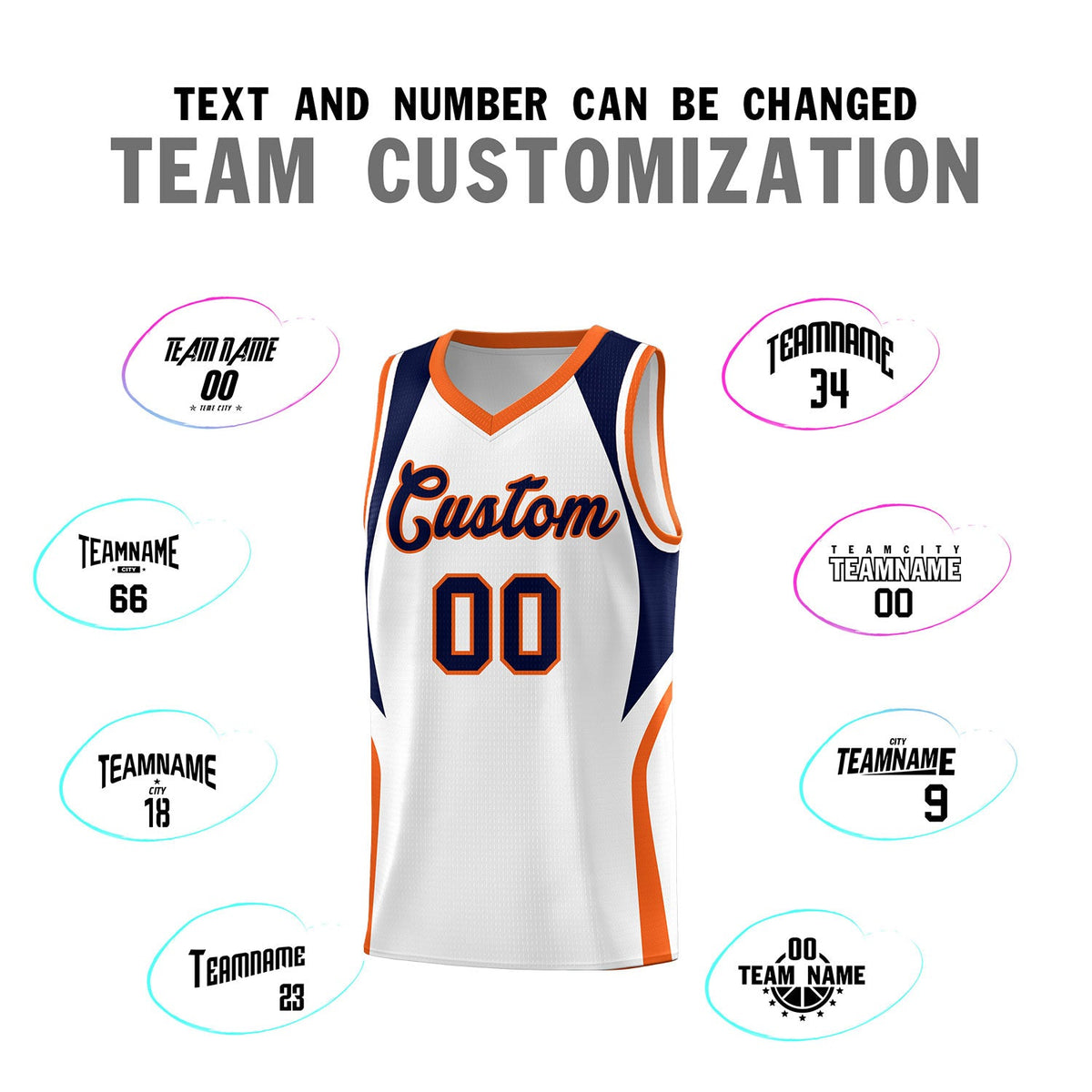 Custom White Navy and Orange Color Block Sports Uniform Basketball Jersey