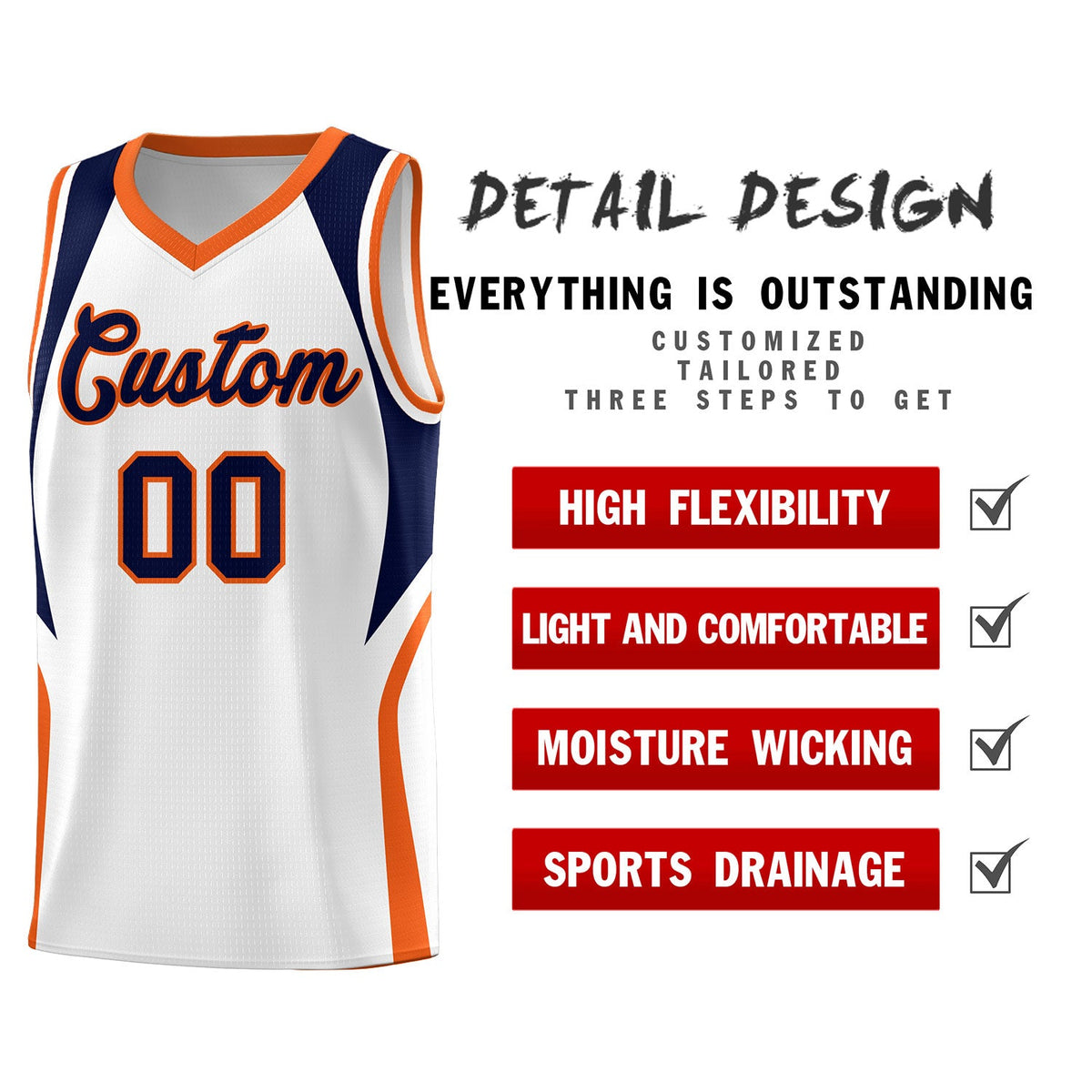 Custom White Navy and Orange Color Block Sports Uniform Basketball Jersey