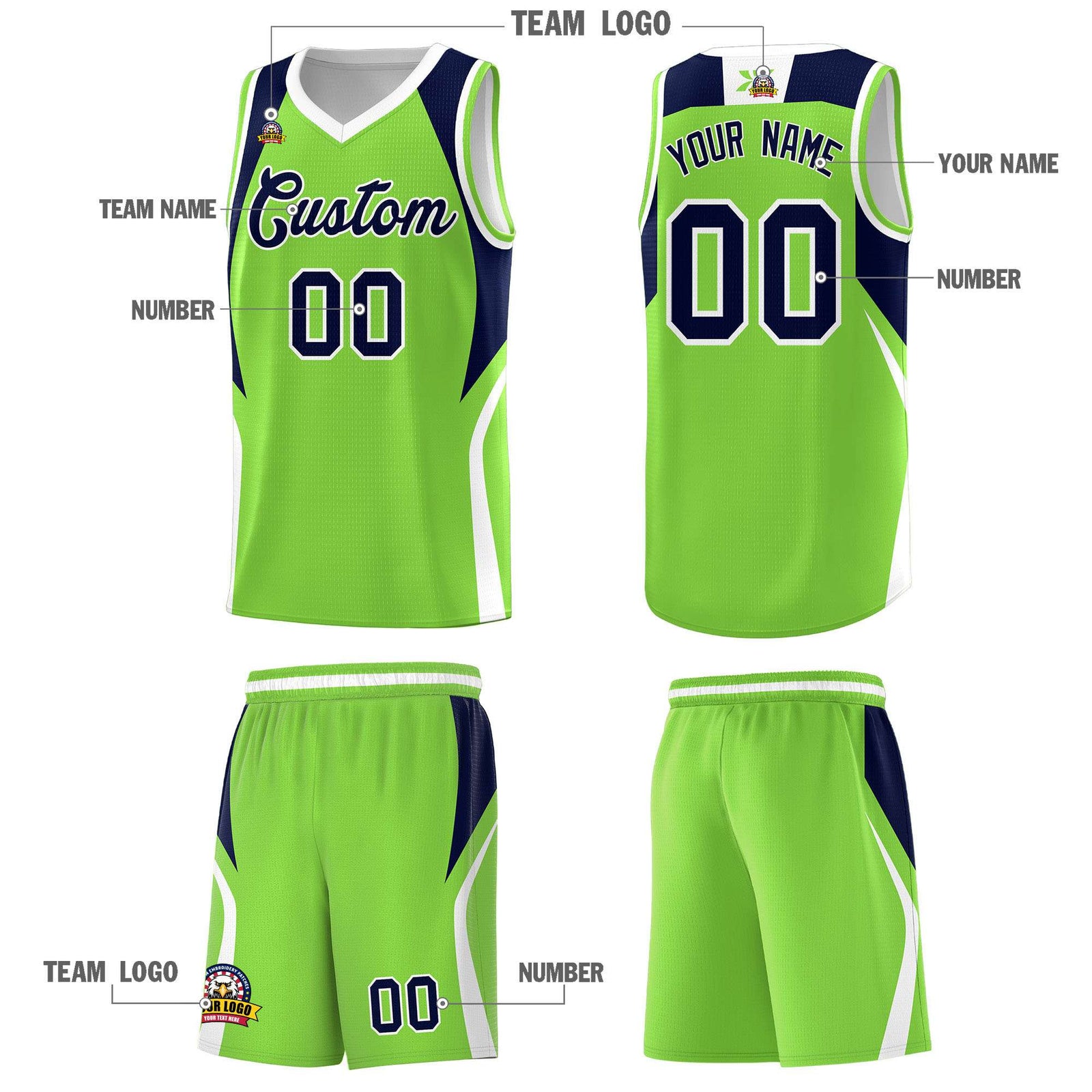 Custom Neon Green Navy and White Color Block Sports Uniform Basketball Jersey