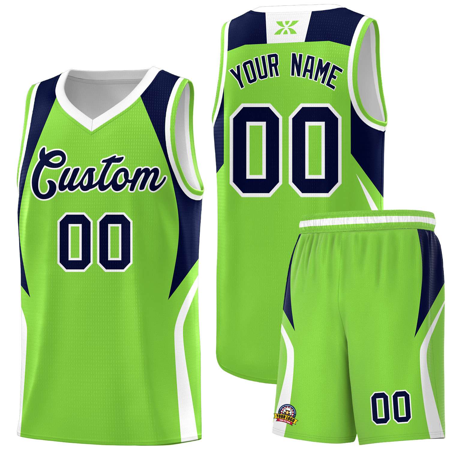 Custom Neon Green Navy and White Color Block Sports Uniform Basketball Jersey