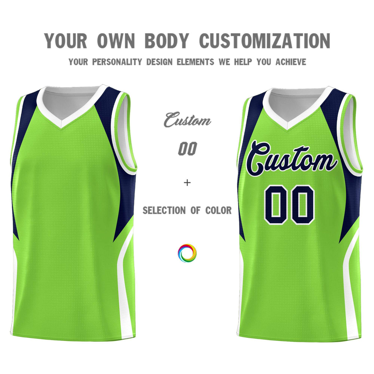 Custom Neon Green Navy and White Color Block Sports Uniform Basketball Jersey