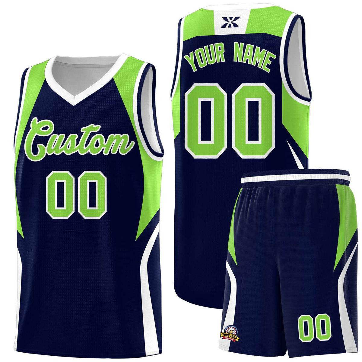 Custom Navy Neon Green and White Color Block Sports Uniform Basketball Jersey