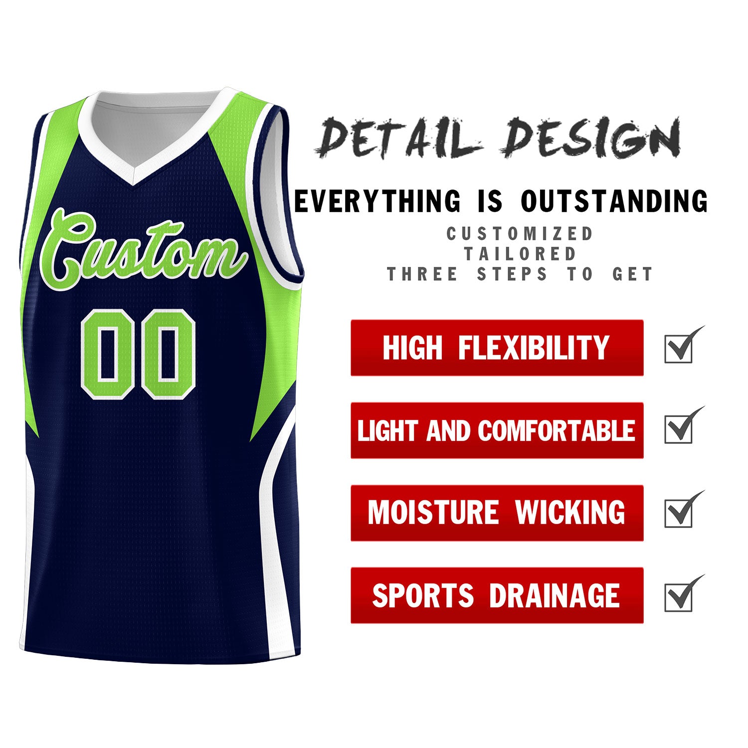 Custom Navy Neon Green and White Color Block Sports Uniform Basketball Jersey