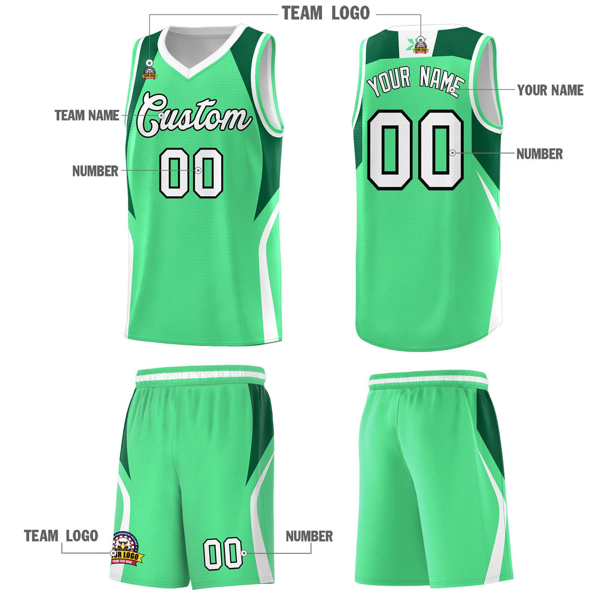 Custom Green Kelly Green and White Color Block Sports Uniform Basketball Jersey