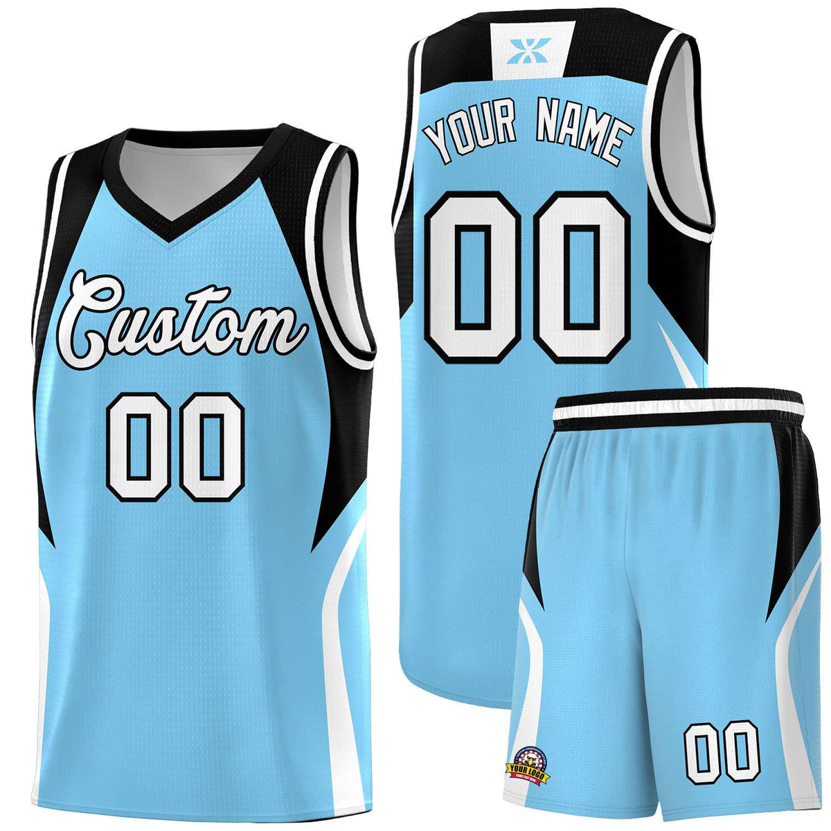 Custom Light Blue Black and White Color Block Sports Uniform Basketball Jersey