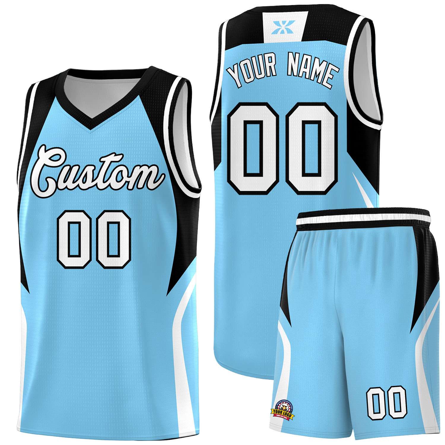 Custom Light Blue Black and White Color Block Sports Uniform Basketball Jersey