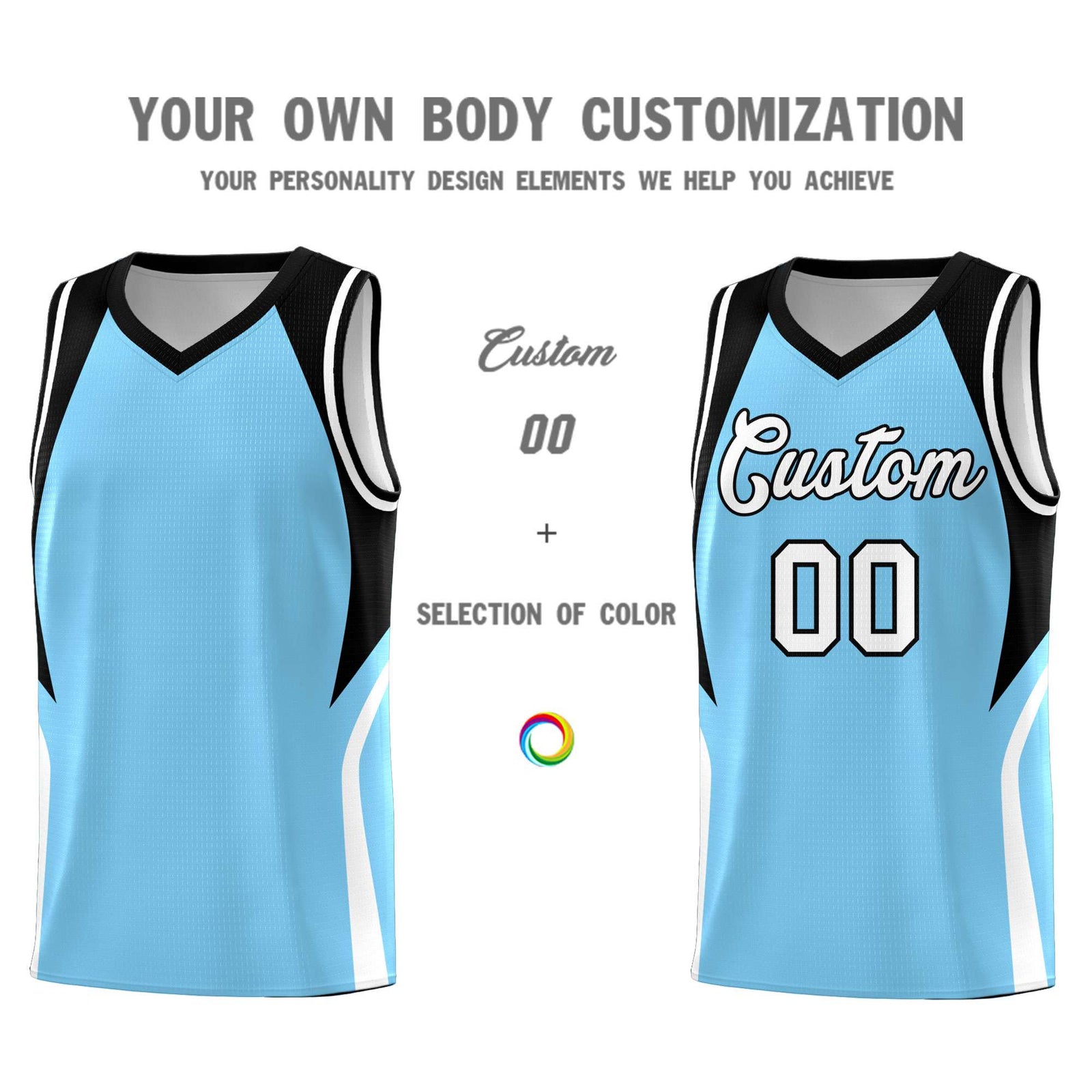 Custom Light Blue Black and White Color Block Sports Uniform Basketball Jersey