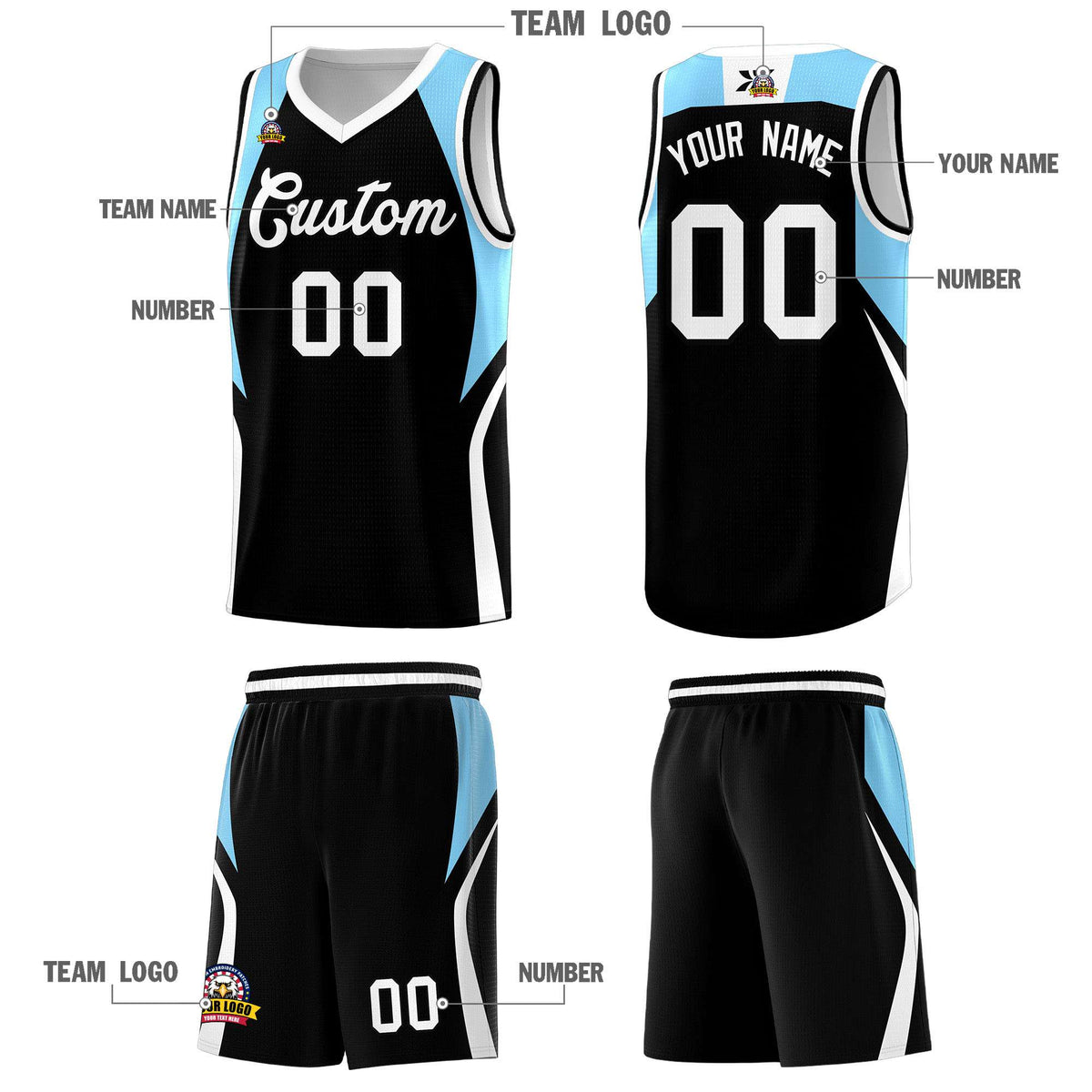 Custom Black Light Blue and White Color Block Sports Uniform Basketball Jersey