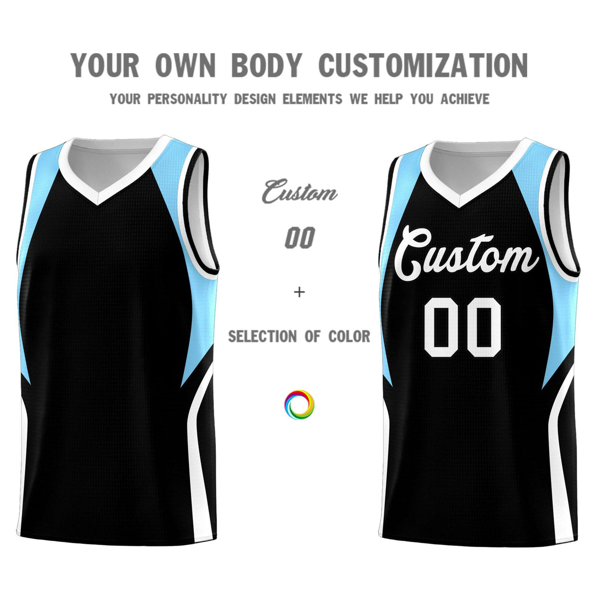 Custom Black Light Blue and White Color Block Sports Uniform Basketball Jersey