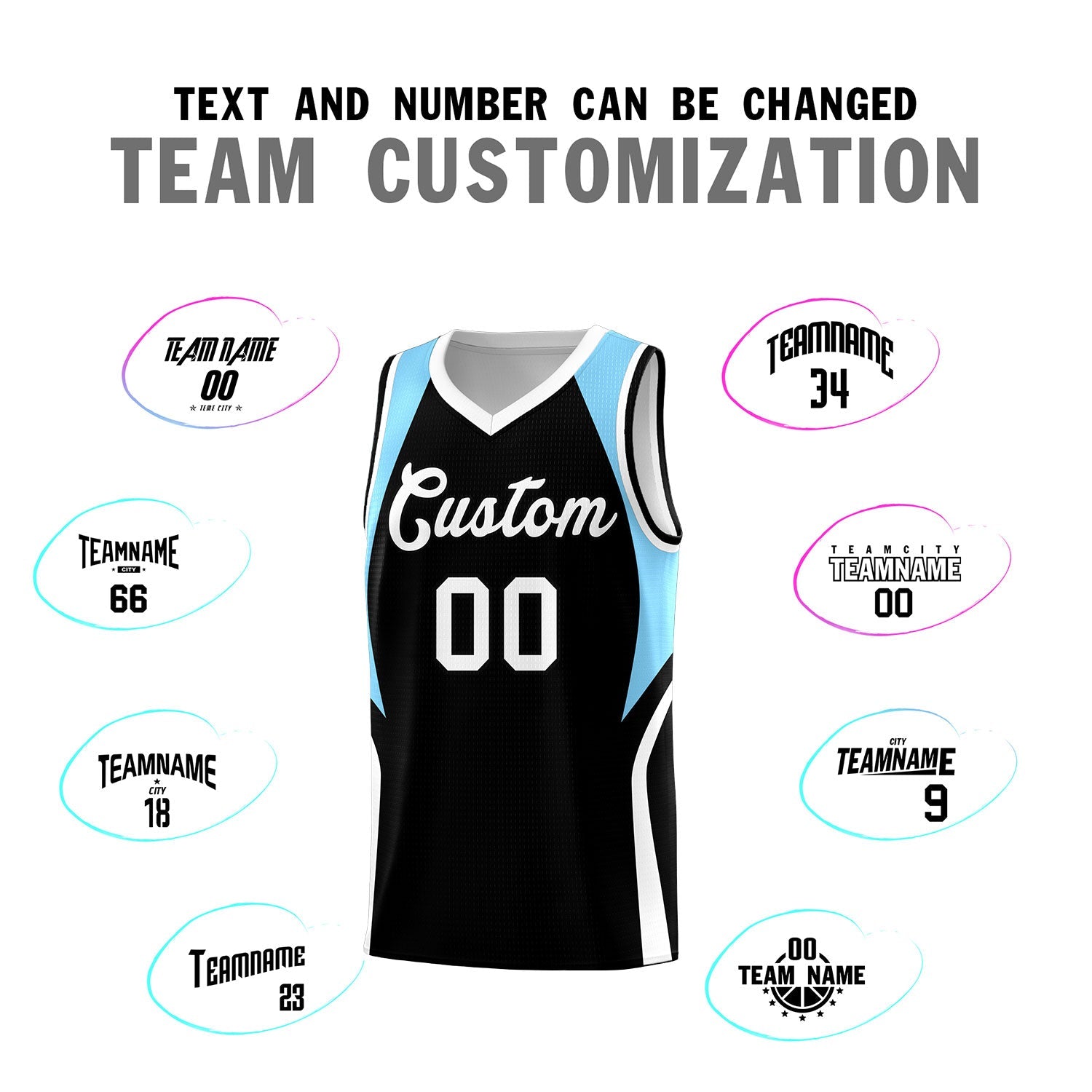 Custom Black Light Blue and White Color Block Sports Uniform Basketball Jersey