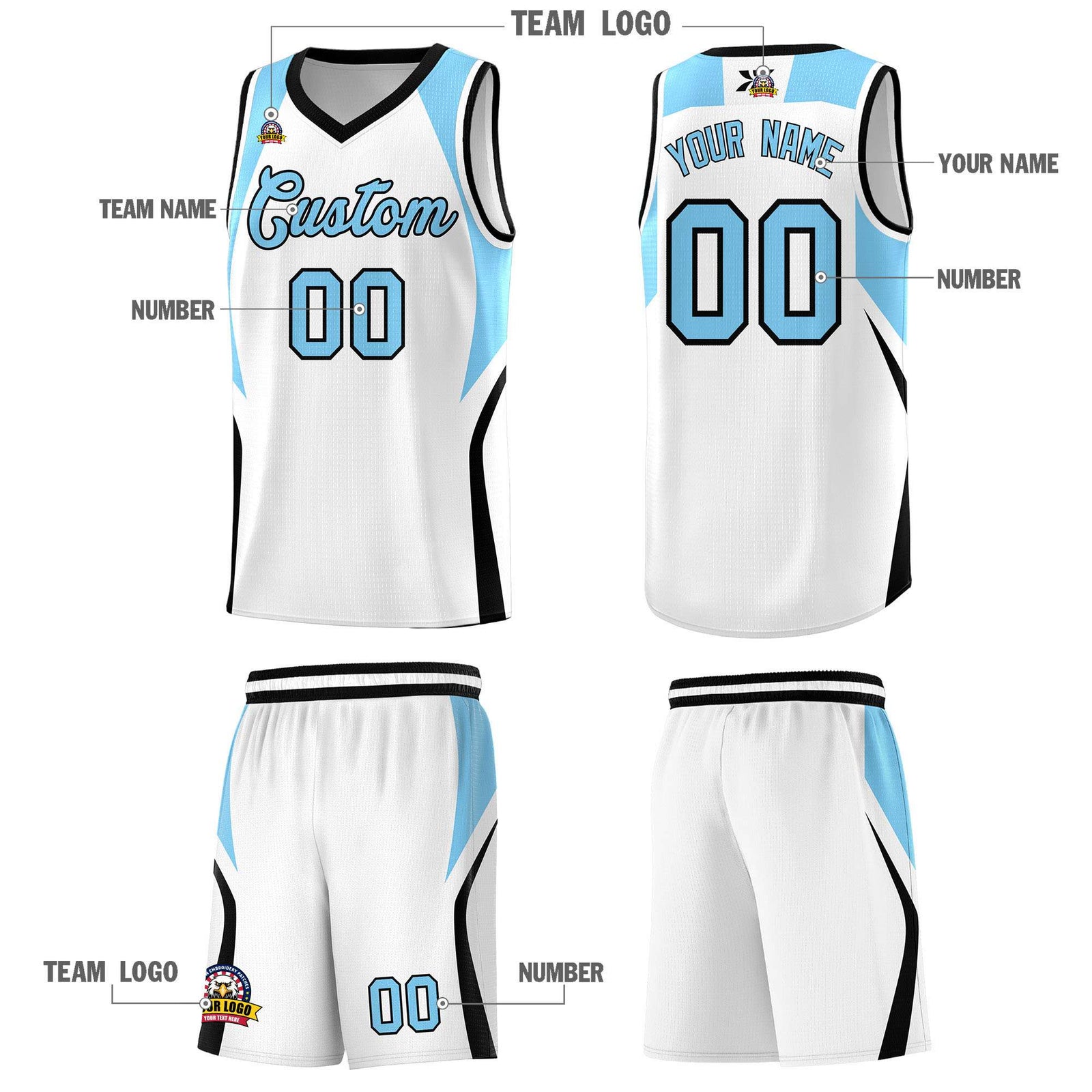 Custom White Light Blue and Black Color Block Sports Uniform Basketball Jersey