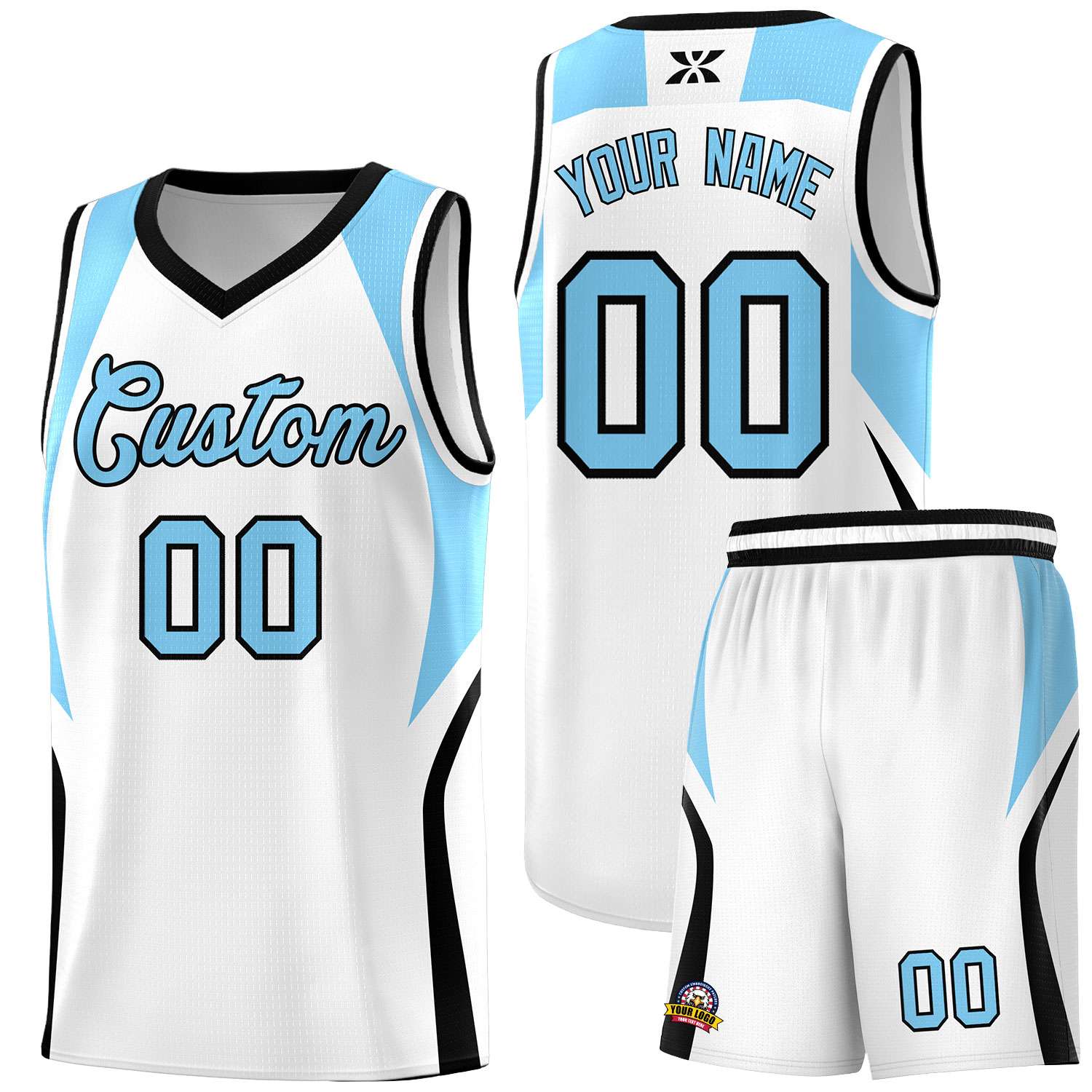 Custom White Light Blue and Black Color Block Sports Uniform Basketball Jersey