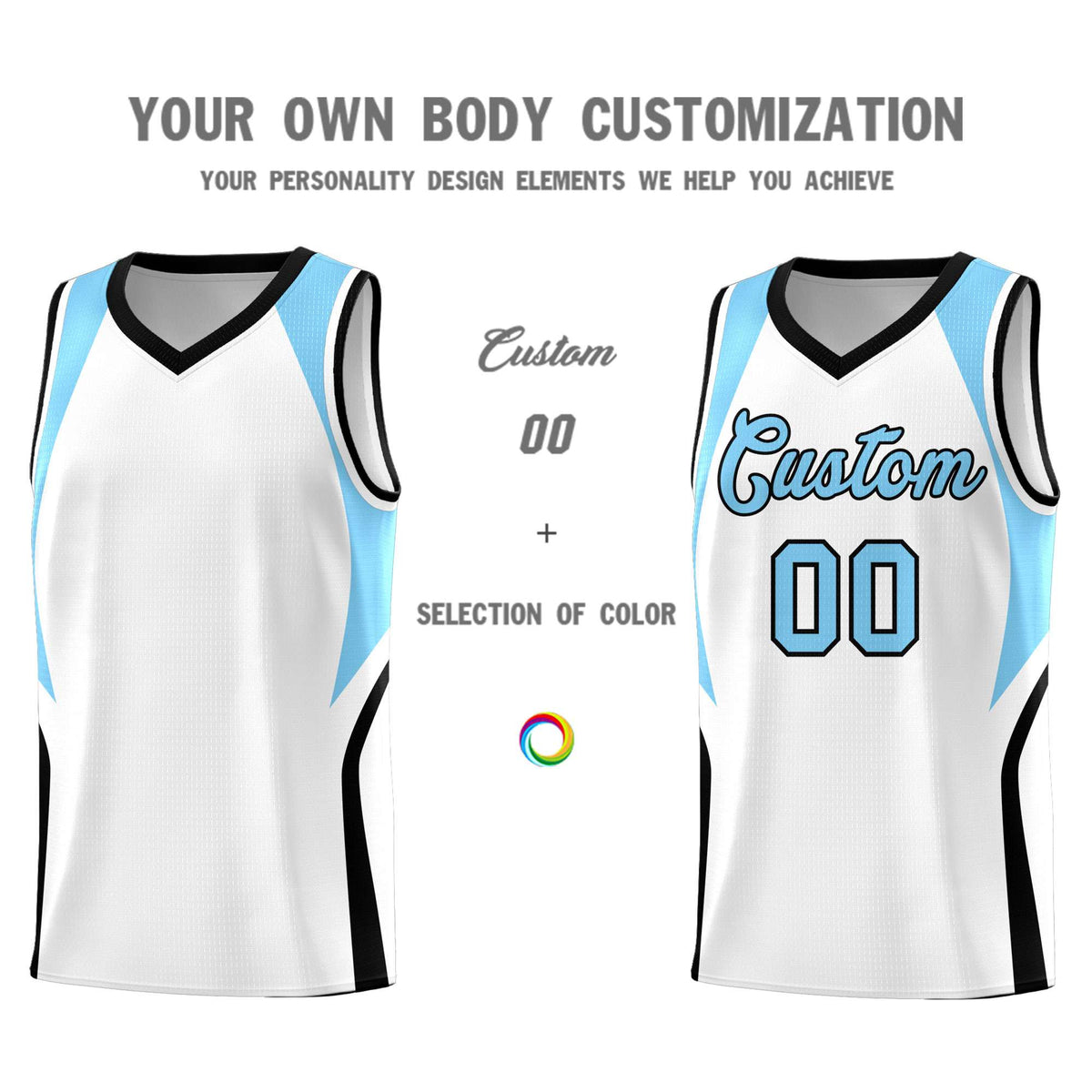 Custom White Light Blue and Black Color Block Sports Uniform Basketball Jersey
