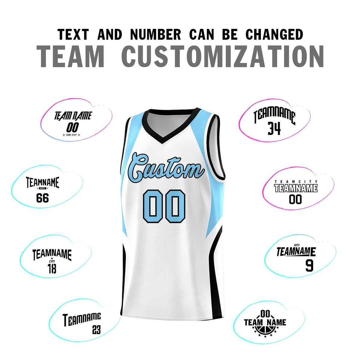 Custom White Light Blue and Black Color Block Sports Uniform Basketball Jersey