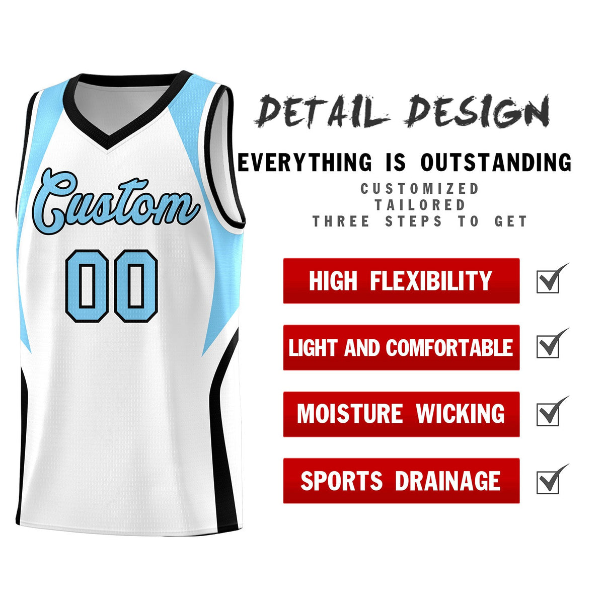 Custom White Light Blue and Black Color Block Sports Uniform Basketball Jersey