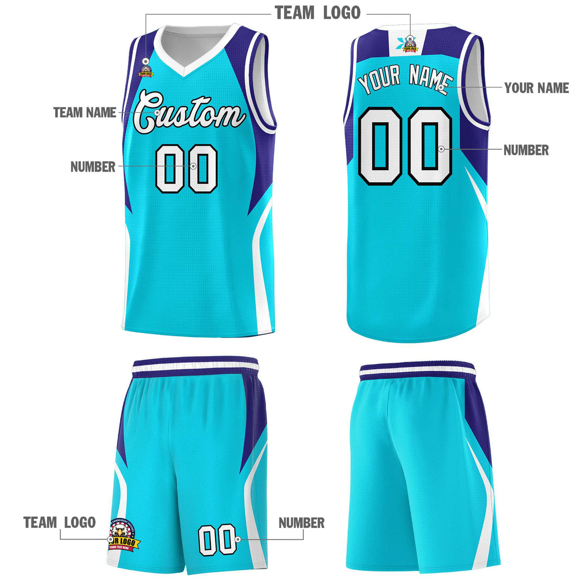 Custom Sky Blue Royal and White Color Block Sports Uniform Basketball Jersey