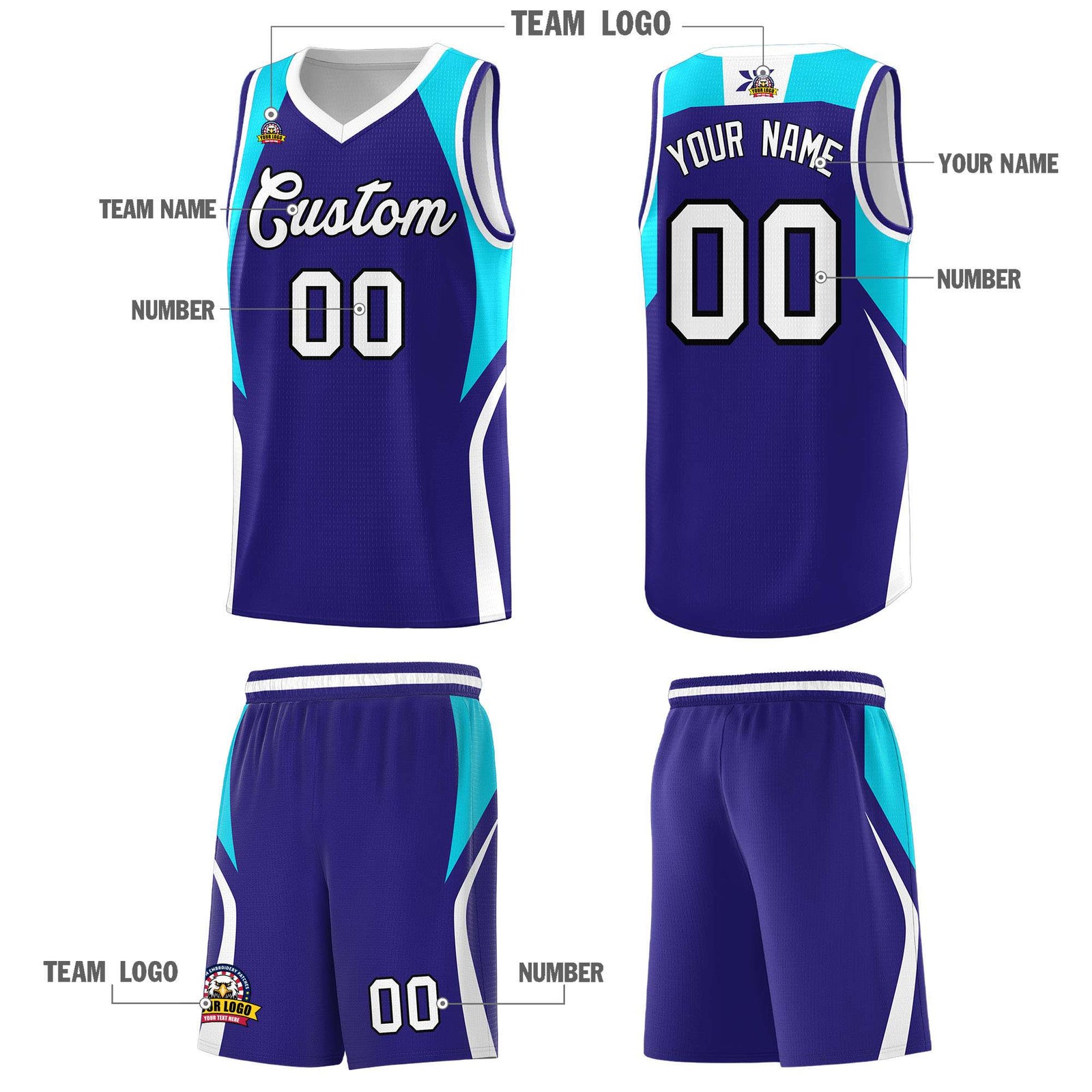 Custom Royal Sky Blue and White Color Block Sports Uniform Basketball Jersey