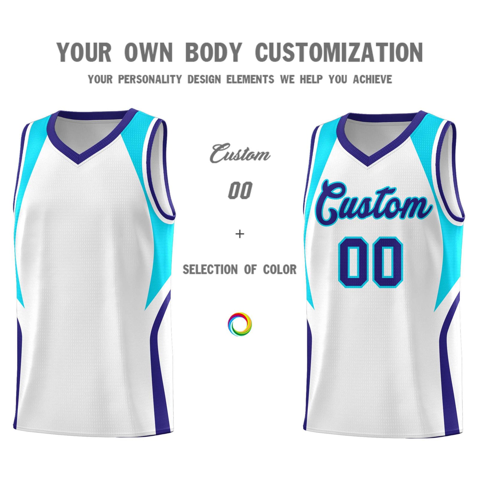 Custom White Sky Blue and Royal Color Block Sports Uniform Basketball Jersey