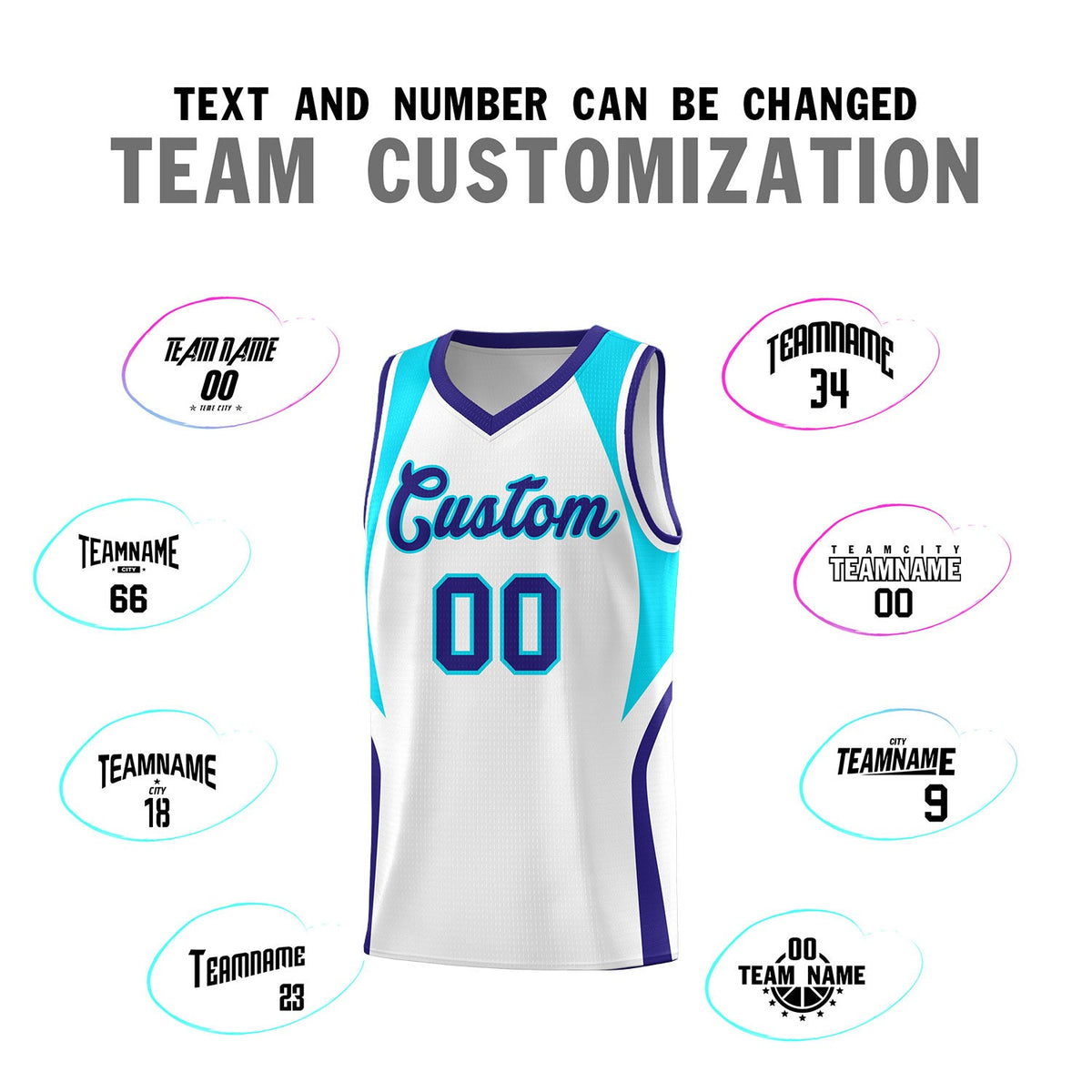 Custom White Sky Blue and Royal Color Block Sports Uniform Basketball Jersey