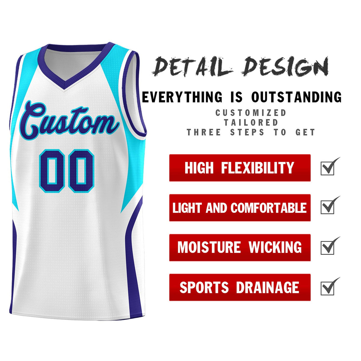 Custom White Sky Blue and Royal Color Block Sports Uniform Basketball Jersey