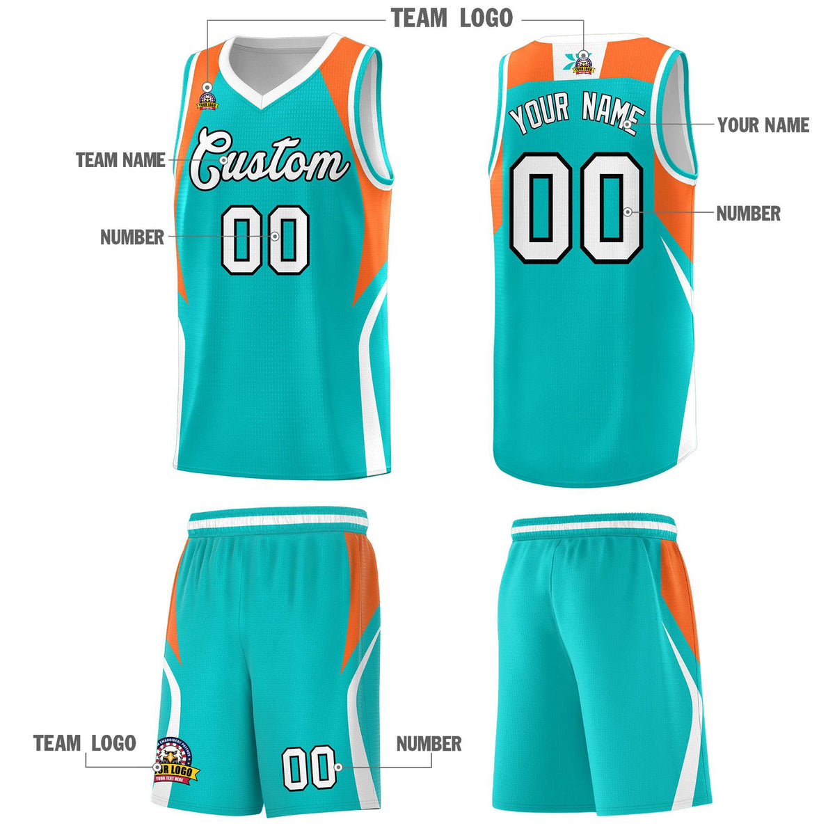 Custom Aqua Orange and White Color Block Sports Uniform Basketball Jersey
